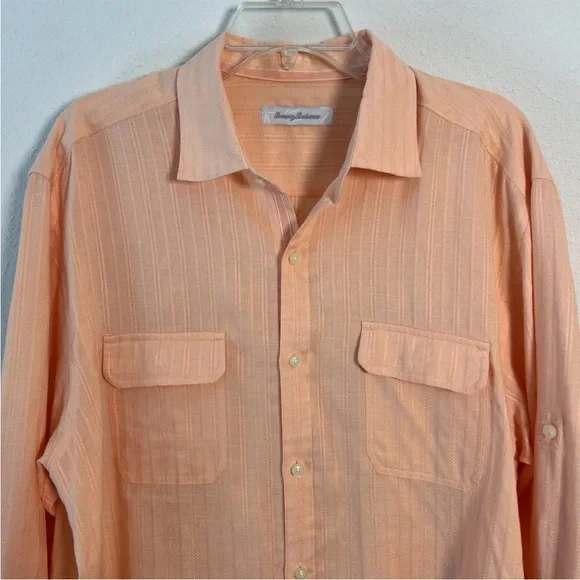 Tommy Bahama Men’s Large Striped Light Orange Linen Blend Button Up Shirt - Picture 2 of 14